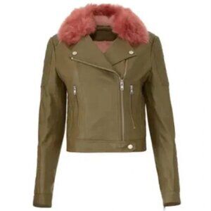 Samantha Sipos Green Sheepskin Leather Motorcycle Jacket Pink Faux Fur Trim